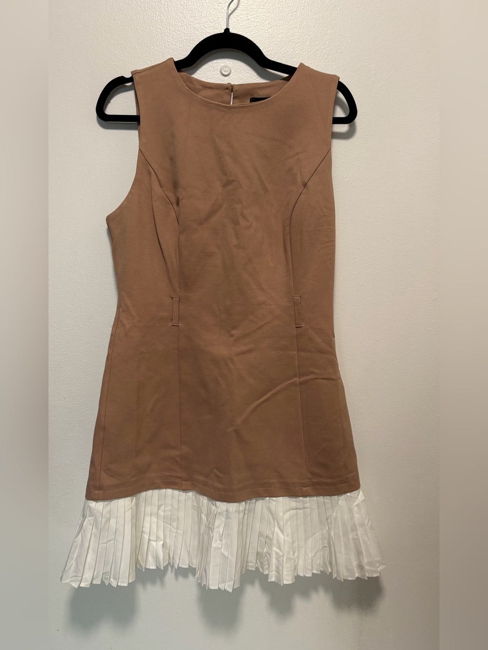 NWOT Milk & Honey Sleeveless Tan Dress with White Pleated Hem